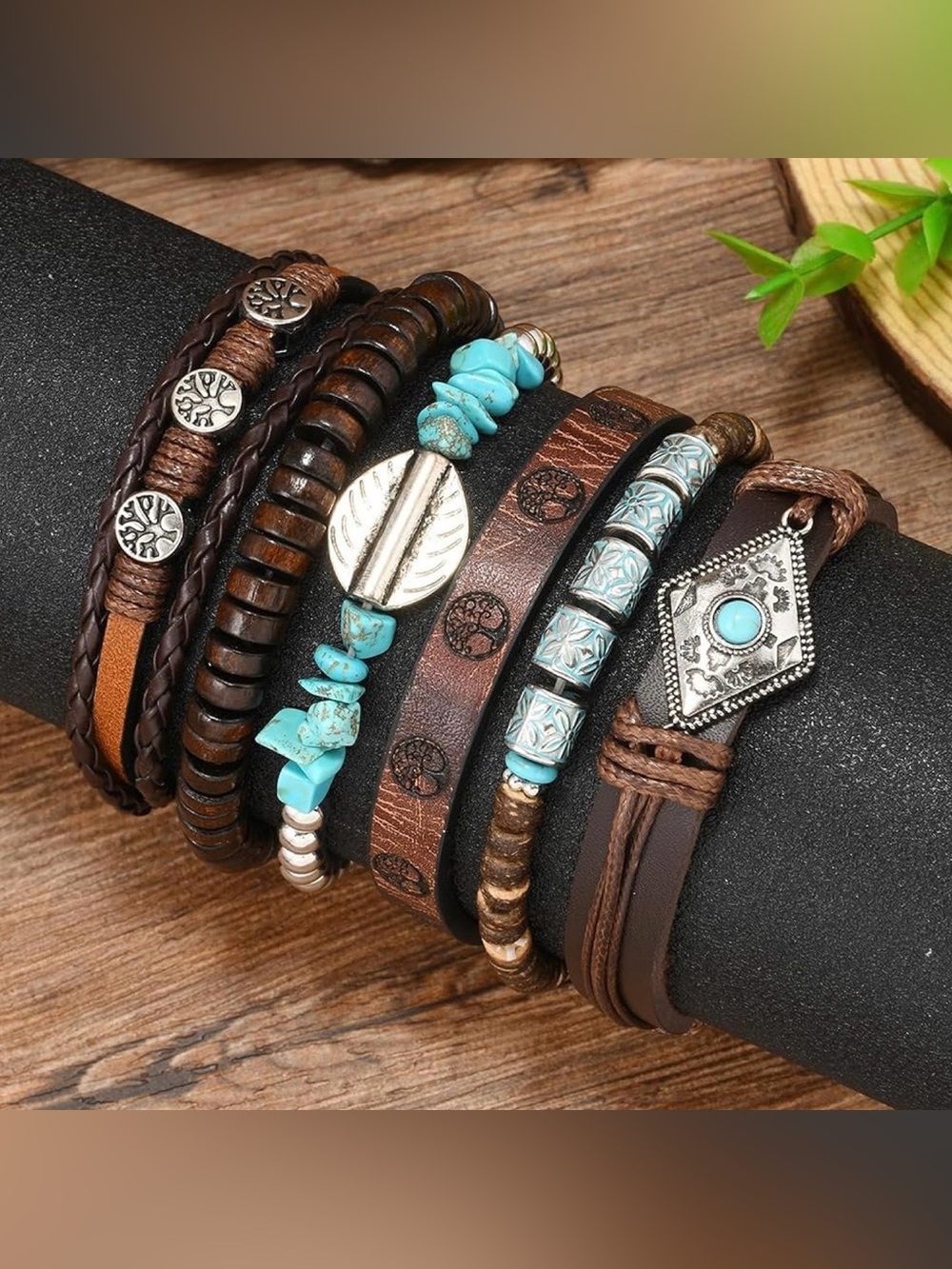 🌙✨6ps Boho Layered Brown Leather Bracelet Stack with Turquoise Accents - Picture 3 of 5